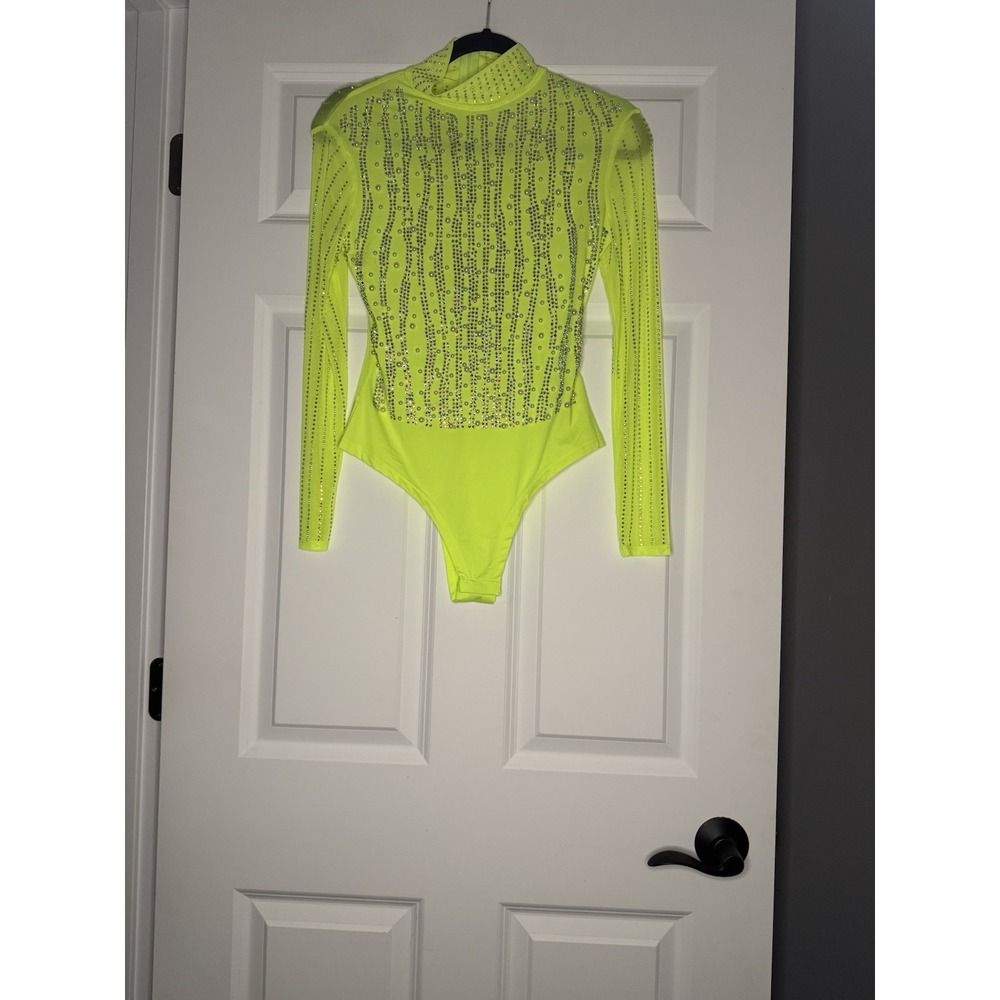 Blue Buttercup Sheer Bodysuit Small Neon Yellowish Exclusive Beading Barbiecore